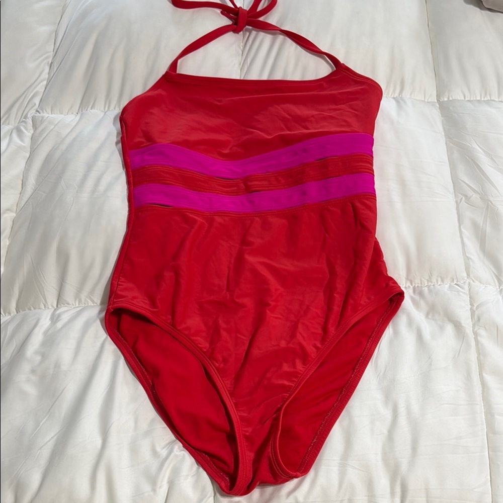 Vibrant Red and Pink One Piece Swimsuit with Halter Neck